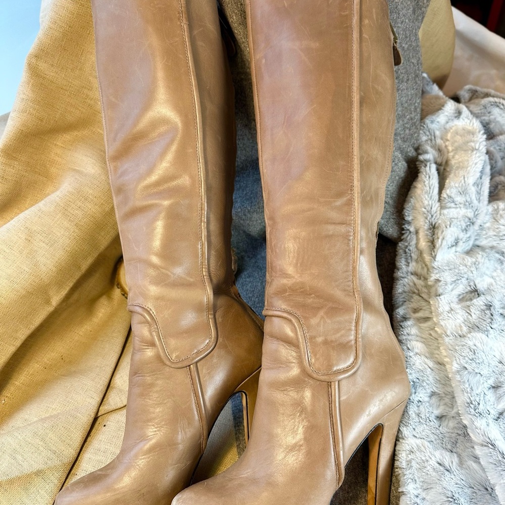 Diane Von Furstenberg Leather Knee-High Boots in Camel. Sz. 7.5. $210